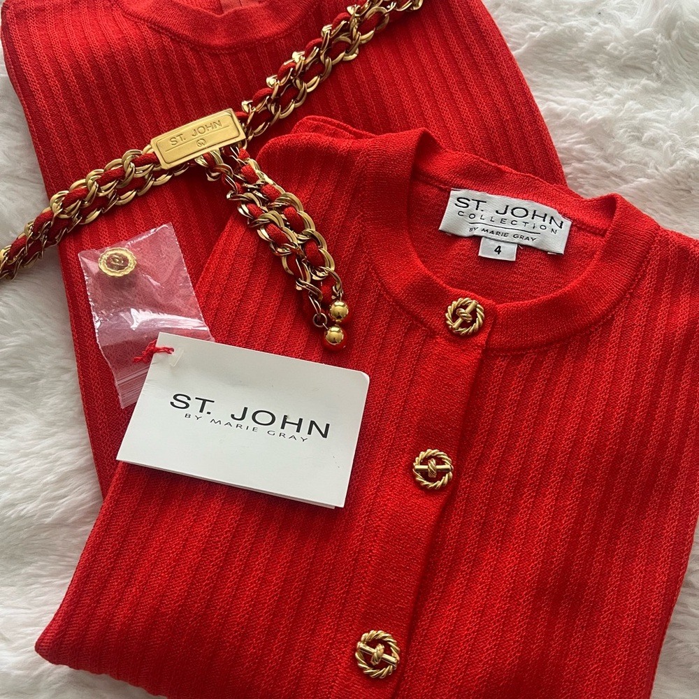 St. John NWT Vintage 3-piece Red Ribbed Knit Cardigan/Dress w/Chain Belt Sz 4.
